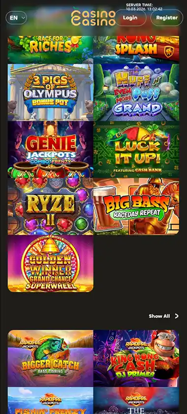 CasinoCasino mobile home page - captured during our review CasinoCasino mobile home page - captured during our review