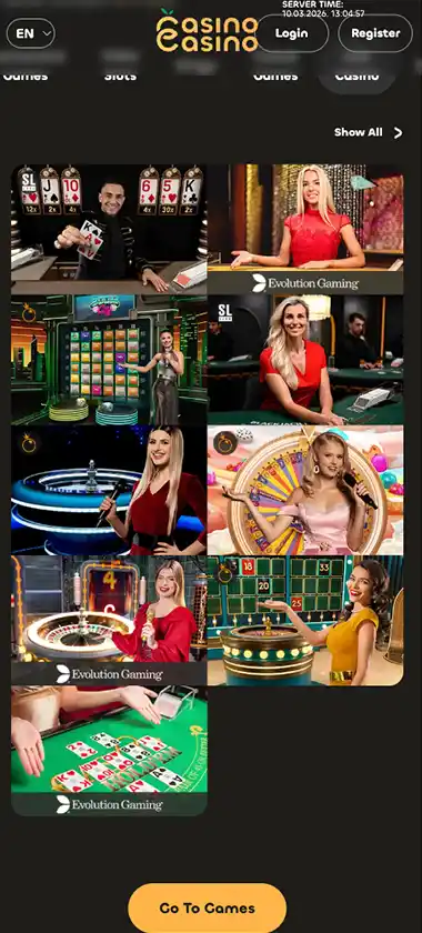 CasinoCasino mobile live casino games collection - captured during our review CasinoCasino mobile live casino games collection - captured during our review