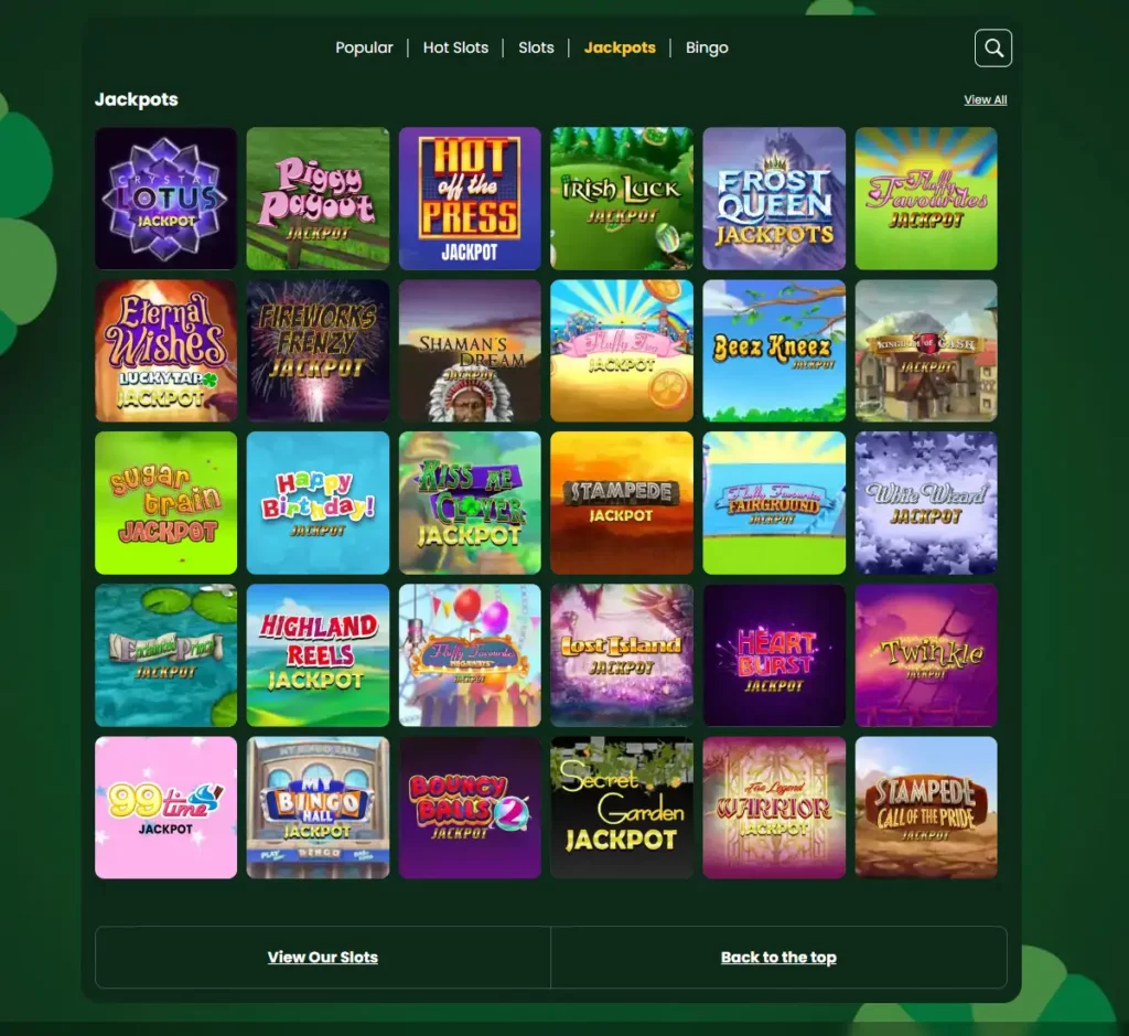 Clover Casino desktop jackpots screenshot showing progressive jackpot games, prize amounts and featured titles - tested