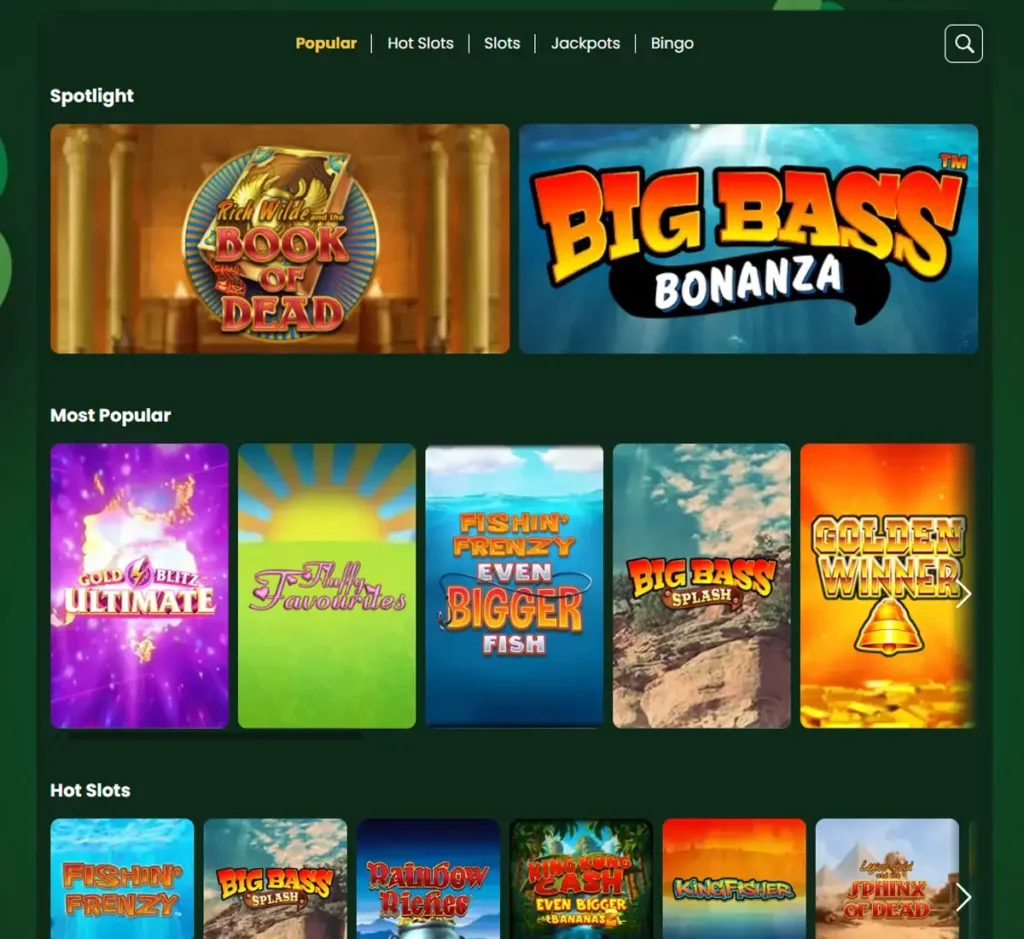 Clover Casino desktop popular games screenshot showing trending titles and player favorites - tested