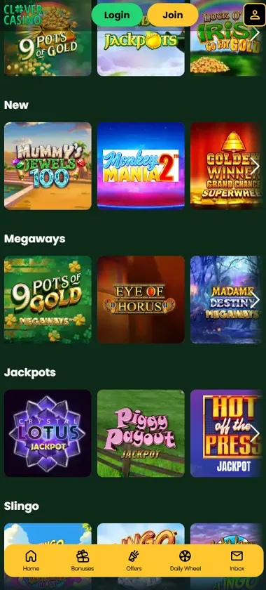 Clover Casino mobile popular games screenshot displaying trending titles and mobile-friendly navigation - tested