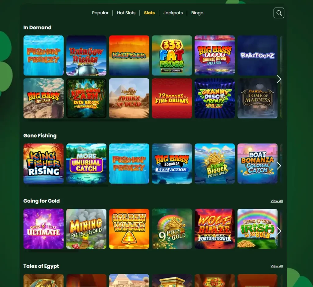 Clover Casino desktop slots variety screenshot showing multiple slot categories, featured games and provider filters - tested