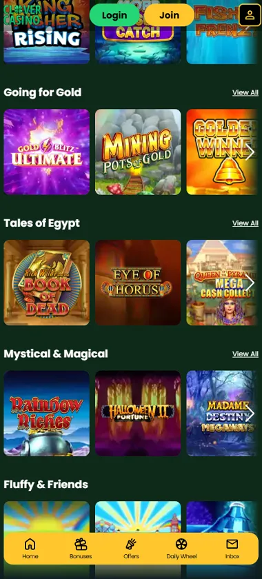 Clover Casino mobile slots variety screenshot displaying featured slots, categories and touch-optimized navigation - tested