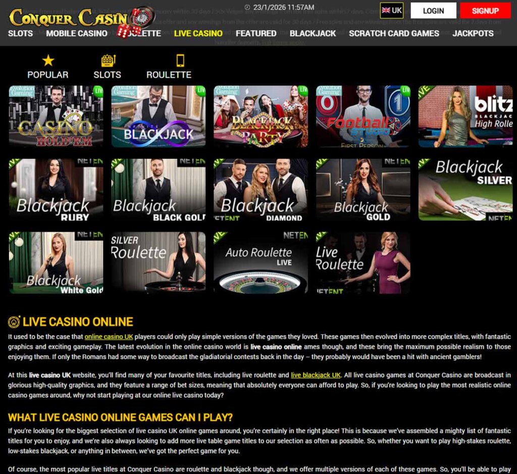 Conquer Casino desktop live casino screenshot showing real-dealer tables including roulette, blackjack and baccarat with lobby navigation - tested