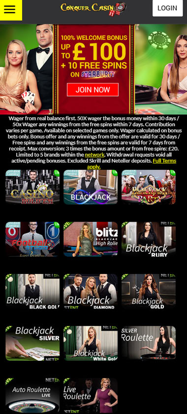 Conquer Casino mobile live casino screenshot showing real-dealer tables including roulette, blackjack and baccarat on smartphone interface - tested