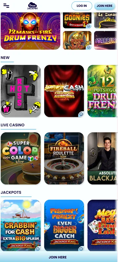 Dream Jackpot mobile home page screenshot displaying main navigation, featured games and mobile-friendly interface - tested