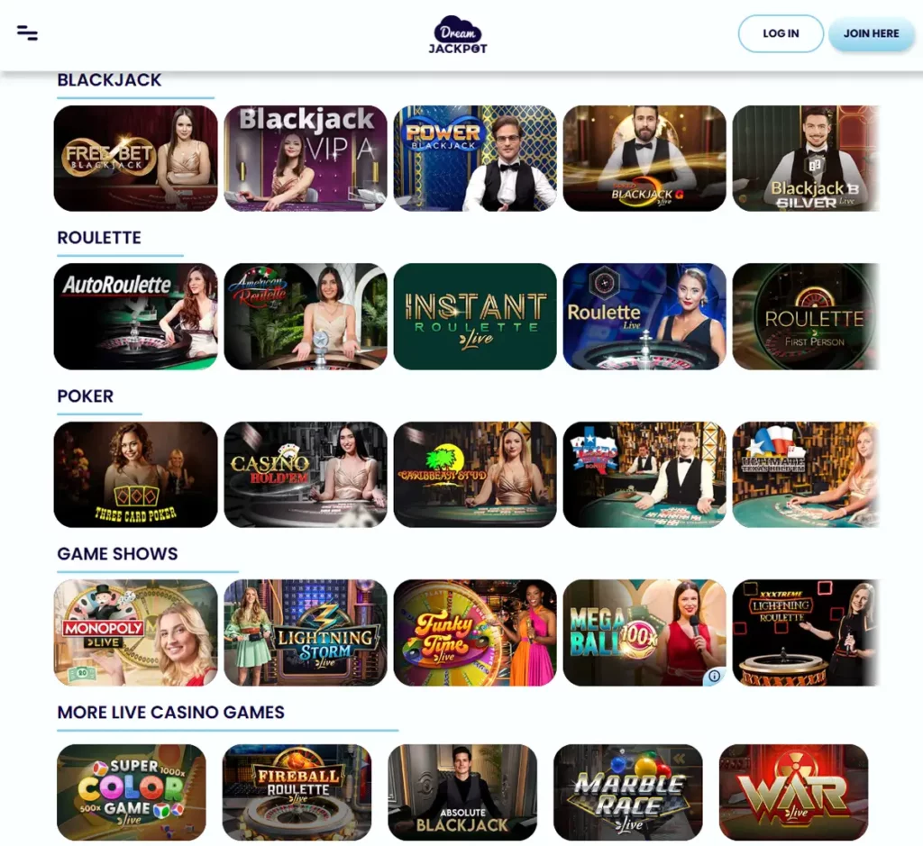 Dream Jackpot desktop live dealer games collection screenshot showing roulette, blackjack and baccarat tables in lobby view - tested
