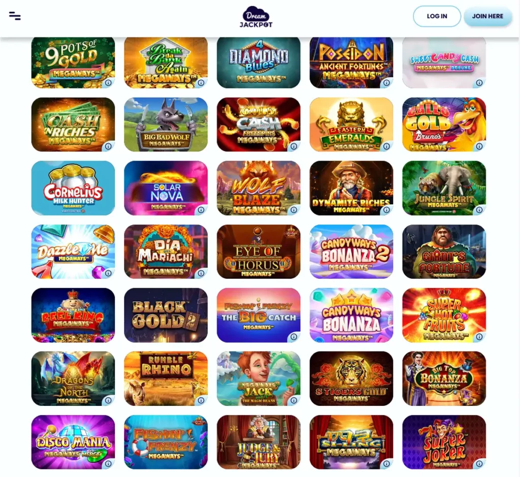 Dream Jackpot desktop megaways slots screenshot showing megaways slot games, categories and filtering options - tested