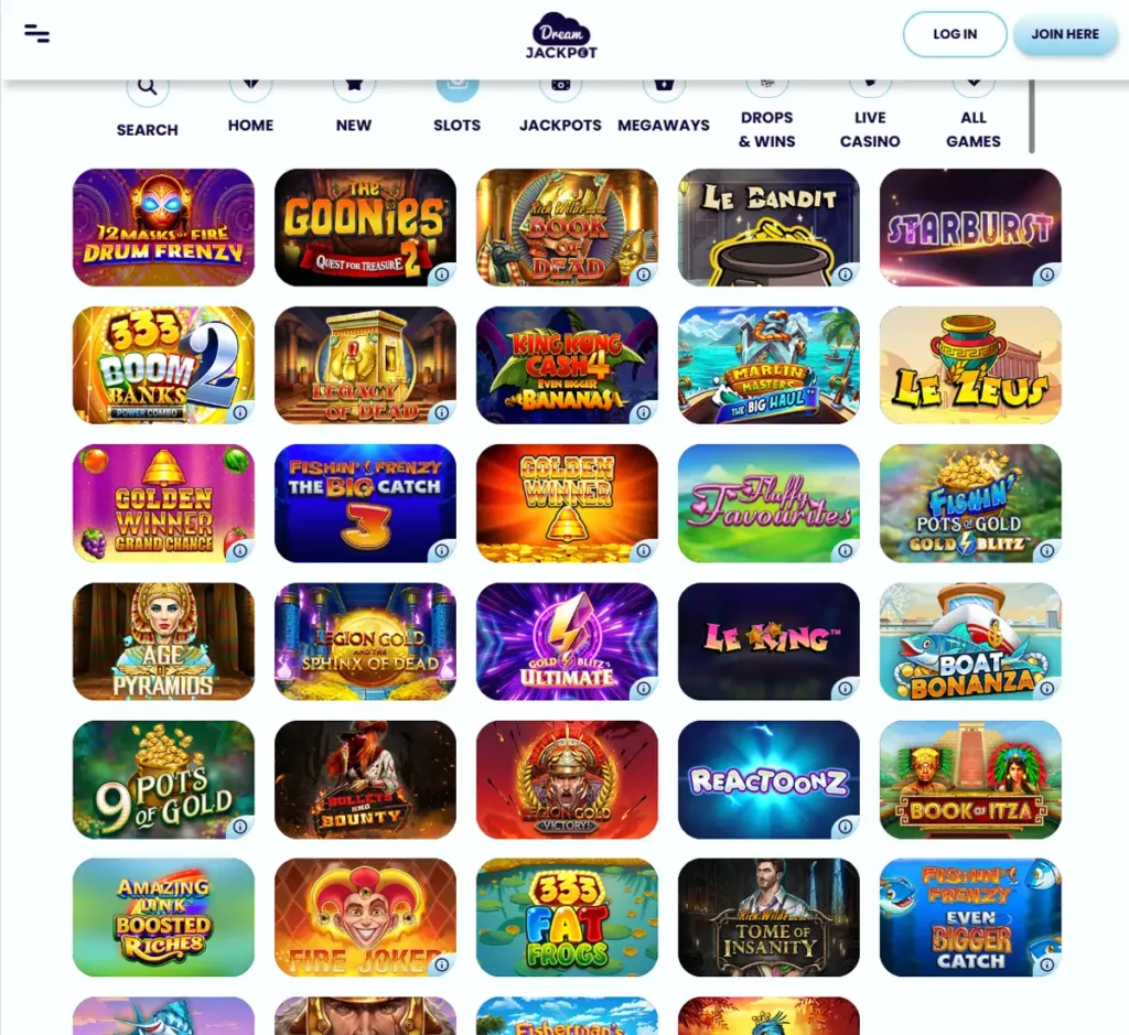 Dream Jackpot desktop slots variety screenshot showing multiple slot categories, featured games and provider filters - tested