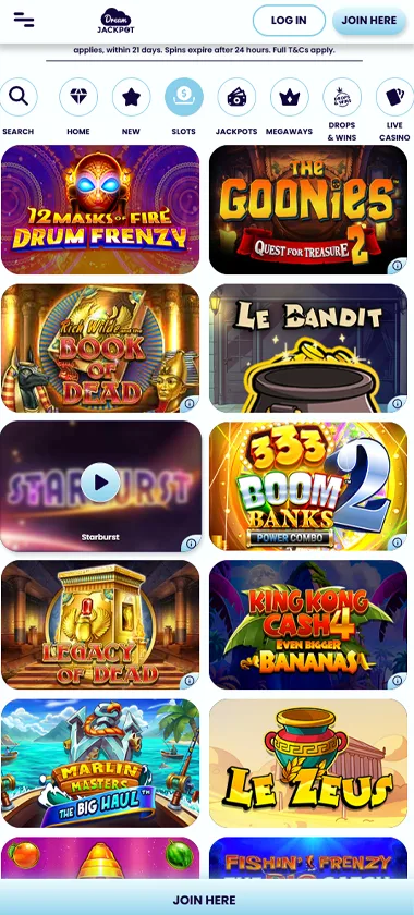 Dream Jackpot mobile slots variety screenshot displaying featured slots, categories and touch-optimized navigation - tested