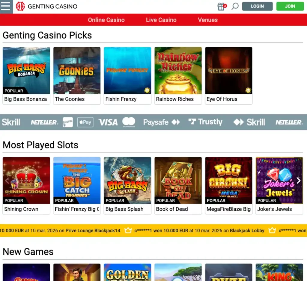 Genting Casino desktop home page - captured during our review