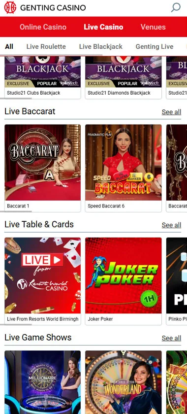 Genting Casino mobile live casino screenshot showing real-dealer tables including roulette, blackjack and baccarat on smartphone interface - tested