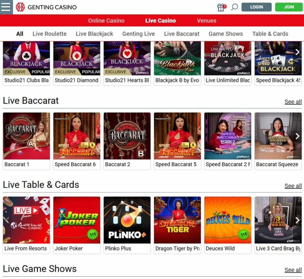 Genting Casino desktop home page - captured during our review
