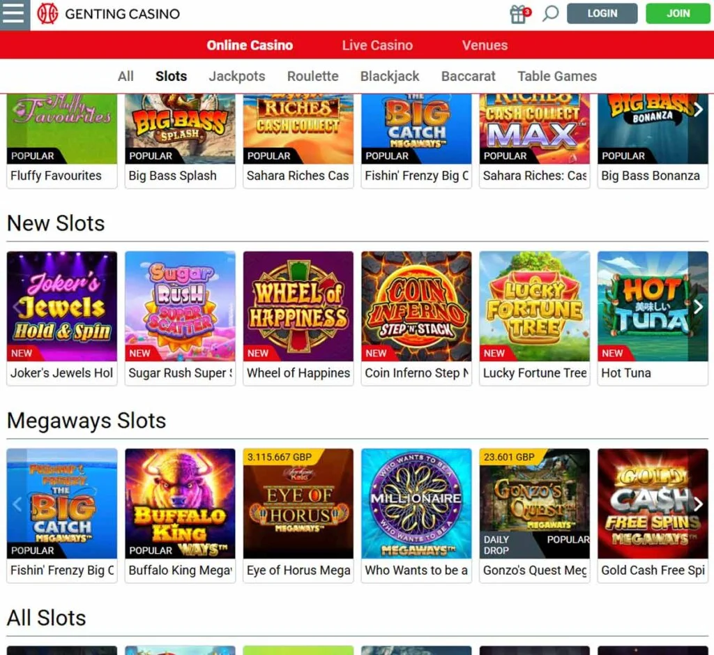 Genting Casino desktop slots screenshot showing slot game categories, featured titles and filtering options - tested