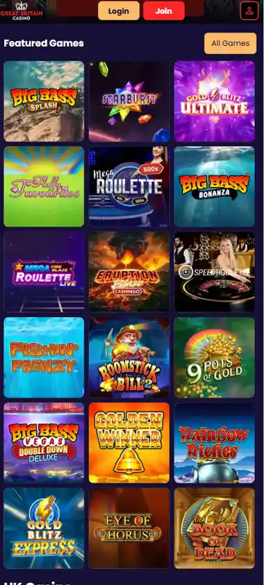Great Britain Casino mobile homepage screenshot displaying main navigation, featured games and mobile-friendly interface/navigation - tested