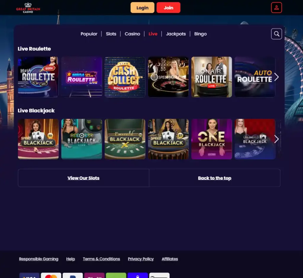 Great Britain Casino desktop live dealer games collection screenshot showing roulette, blackjack and baccarat tables in lobby view with categories and provider filters - tested