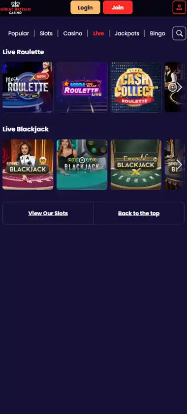 Great Britain Casino mobile live dealer games collection screenshot displaying available live tables and categories with mobile-friendly interface/navigation - tested