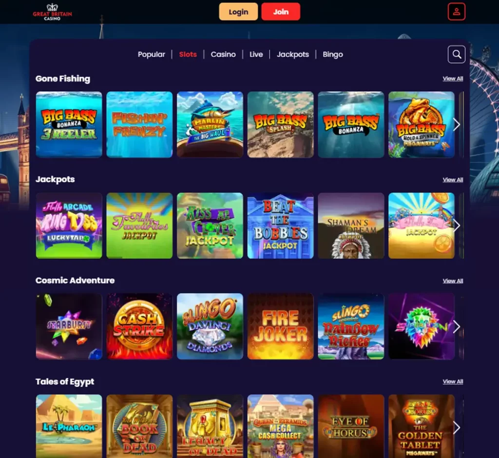 Great Britain Casino desktop slots variety screenshot showing multiple slot categories, featured games and provider filters - tested