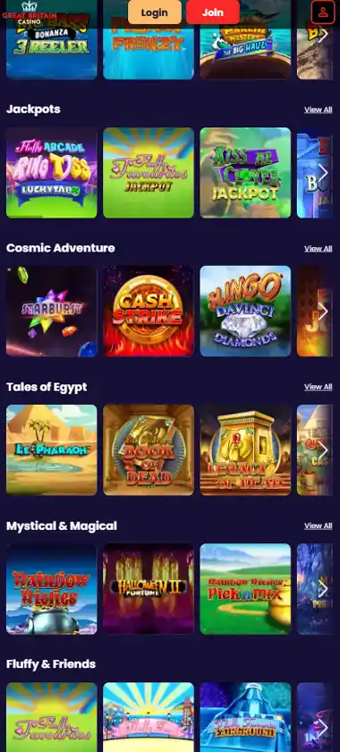 Great Britain Casino mobile slots variety screenshot displaying featured slots, categories and touch-optimized navigation - tested