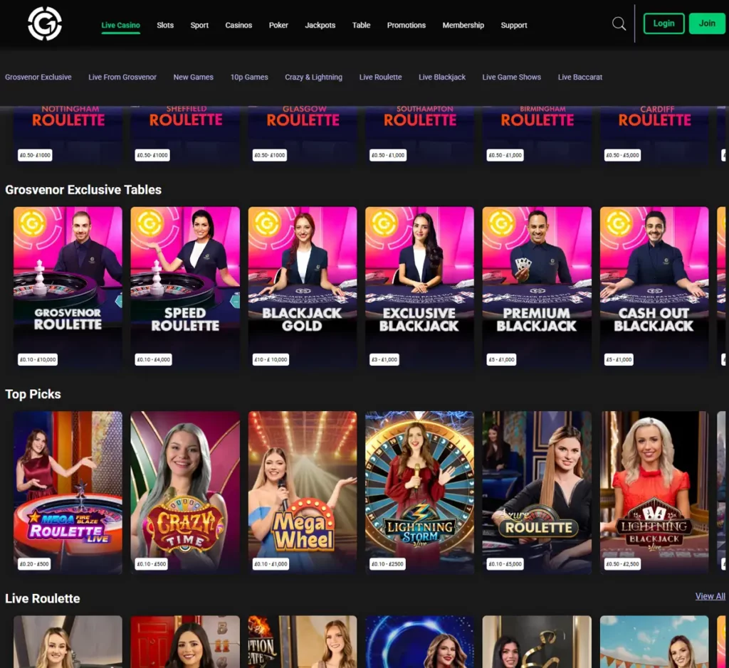 Grosvenor Casino desktop live casino screenshot displaying live dealer tables, streaming interface, and game selection grid on widescreen layout - tested Grosvenor Casino desktop live casino screenshot displaying live dealer tables, streaming interface, and game selection grid on widescreen layout - tested