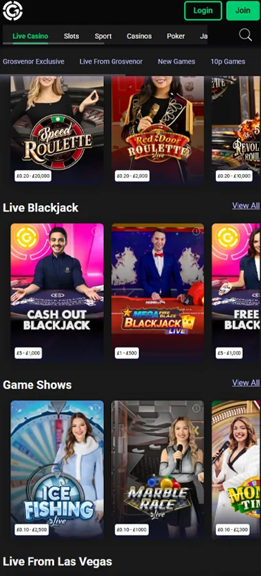 Grosvenor Casino mobile live casino screenshot showing live dealer tables, game thumbnails, and lobby navigation on smartphone interface - tested