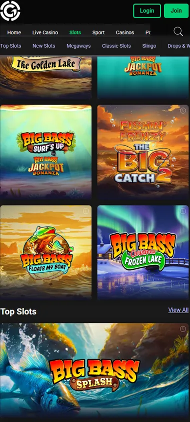 Grosvenor Casino mobile slots screenshot showing slot game library with featured titles, categories, and scrollable navigation on smartphone interface - tested