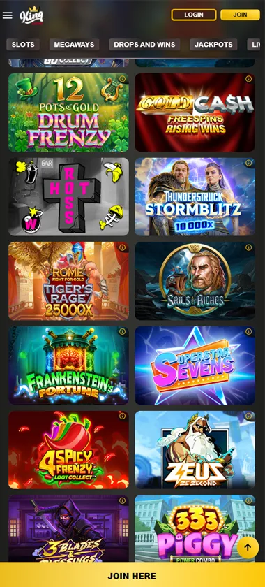 King Casino mobile all games screenshot displaying available game categories and mobile-friendly navigation - tested