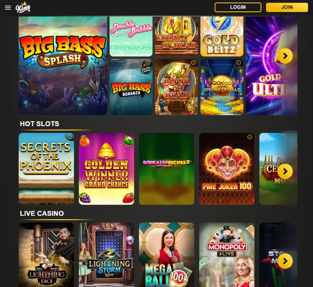 King Casino desktop featured games screenshot showing highlighted titles and promotional content - tested
