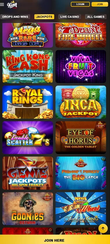 King Casino mobile jackpots screenshot displaying progressive jackpot games, prize amounts and mobile-friendly interface - tested
