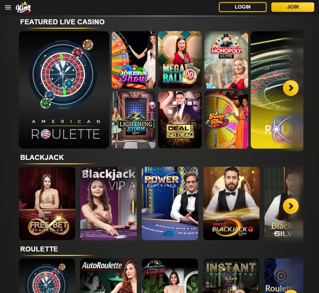 King Casino desktop live dealer games collection screenshot showing roulette, blackjack and baccarat tables in lobby view - tested