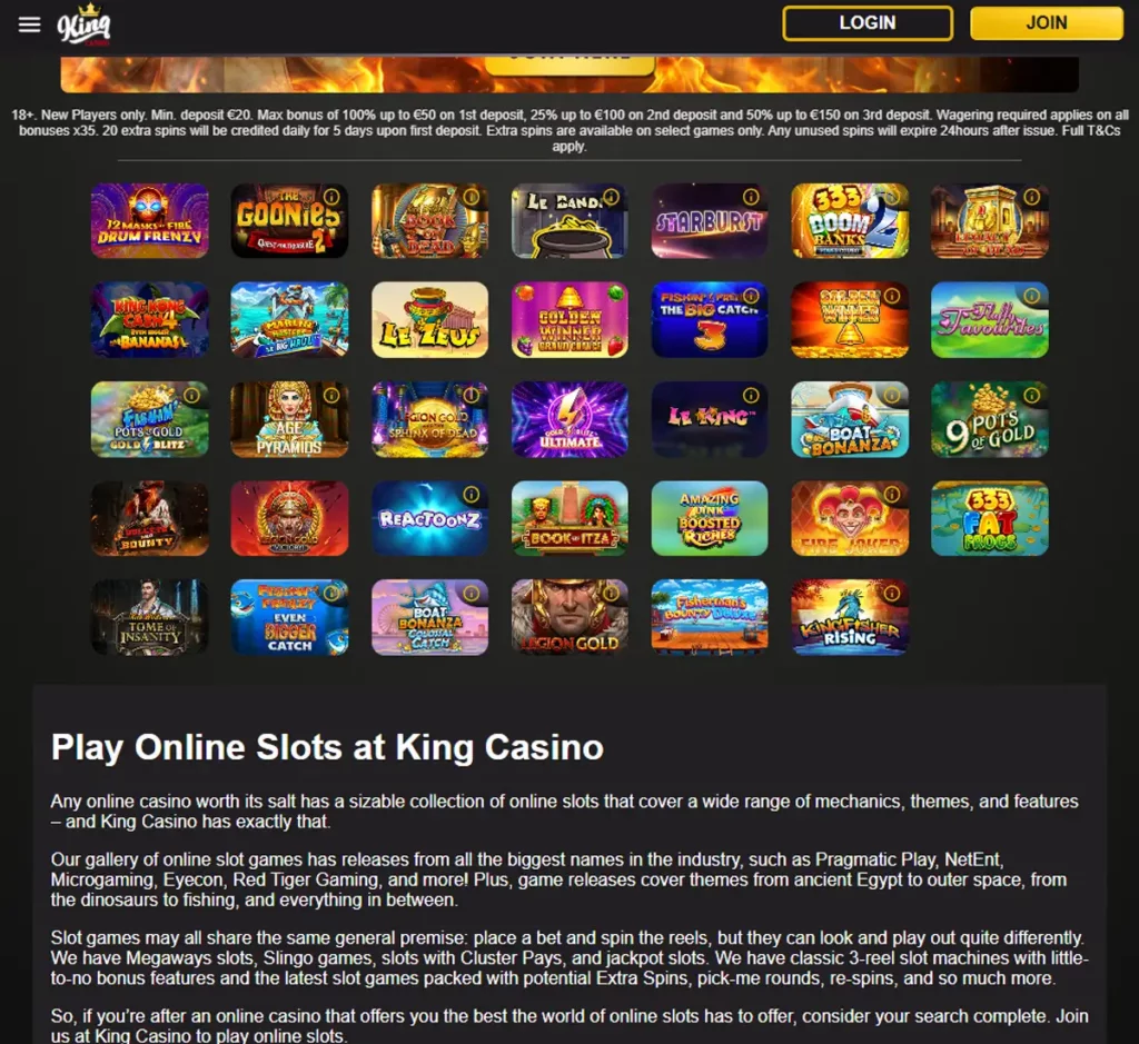 King Casino desktop slots variety screenshot showing multiple slot categories, featured games and provider filters - tested