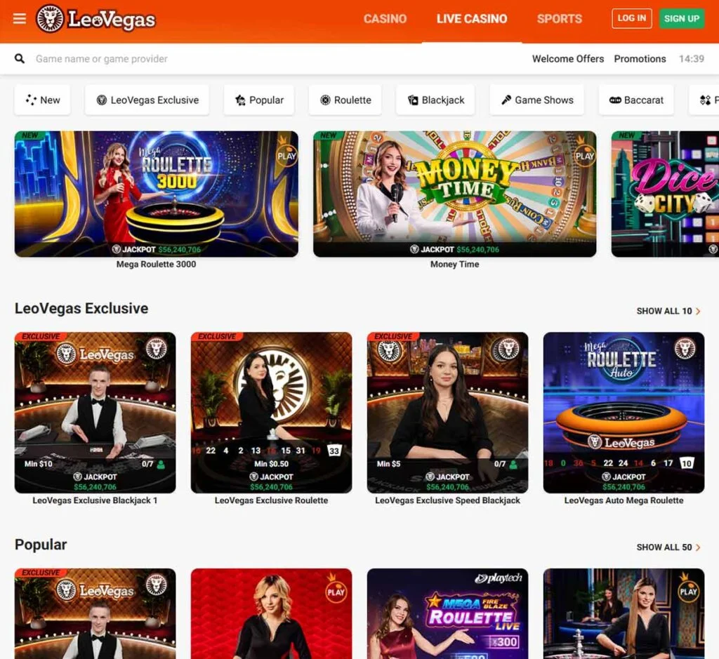 LeoVegas Casino desktop live dealer games collection screenshot showing roulette, blackjack and baccarat tables in lobby view - tested