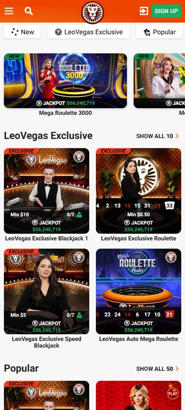 LeoVegas Casino mobile live dealer games collection screenshot displaying available live tables and categories - tested