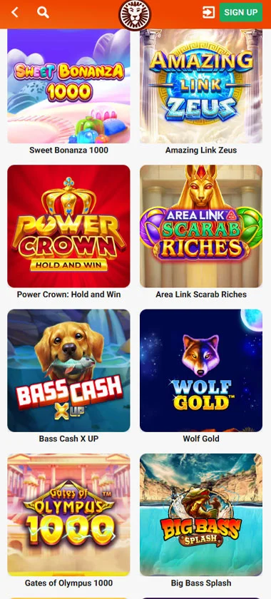 LeoVegas Casino mobile slots variety screenshot displaying featured slots, categories and touch-optimized navigation - tested