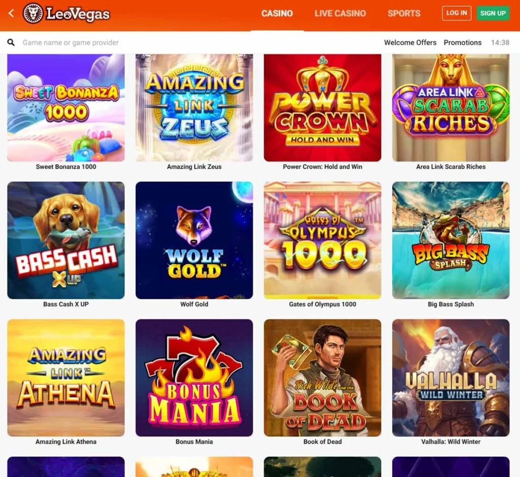 LeoVegas Casino desktop slots variety screenshot showing multiple slot categories, featured games and provider filters - tested