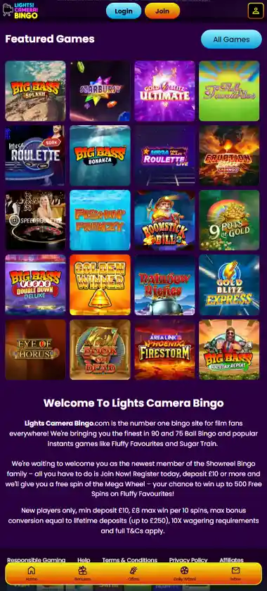 Lights Camera Bingo mobile homepage screenshot displaying main navigation, featured games and mobile-friendly interface/navigation - tested