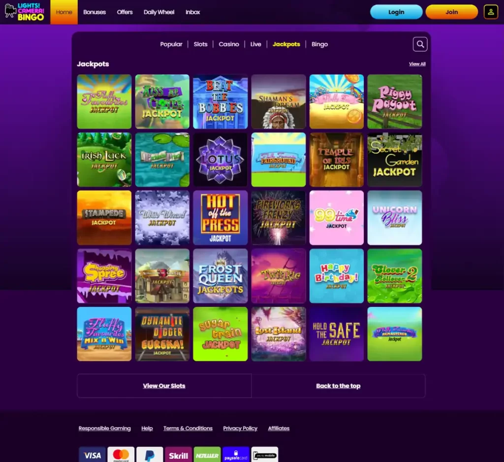 Lights Camera Bingo desktop jackpots screenshot showing progressive jackpot titles, prize amounts and provider filters - tested