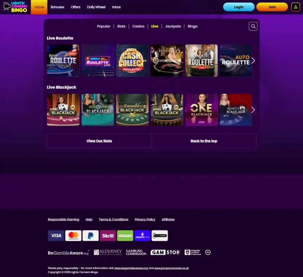 Lights Camera Bingo desktop live dealer games collection screenshot showing roulette, blackjack and baccarat tables in lobby view with categories and provider filters - tested