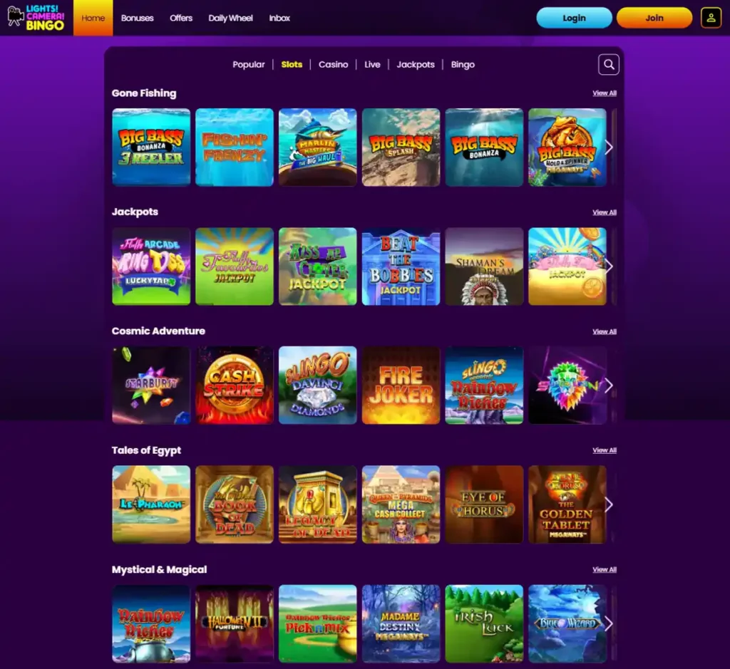 Lights Camera Bingo desktop slots screenshot showing multiple slot categories, featured games and provider filters - tested