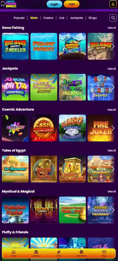 Lights Camera Bingo mobile slots variety screenshot displaying featured slots, categories and touch-optimized navigation - tested