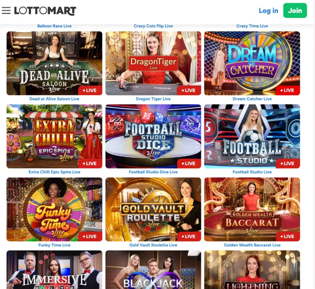Lottomart Casino desktop live casino games collection - captured during our review