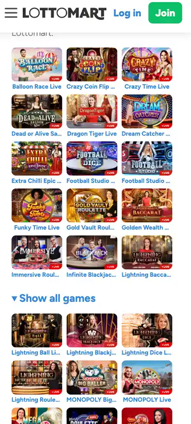 Lottomart Casino mobile live casino games collection - captured during our review