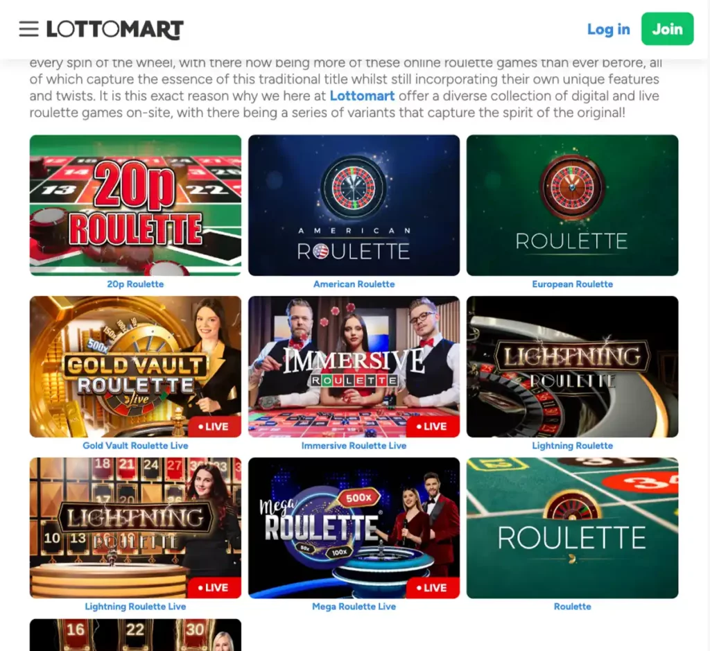Lottomart Casino desktop roulette games collection - captured during our review