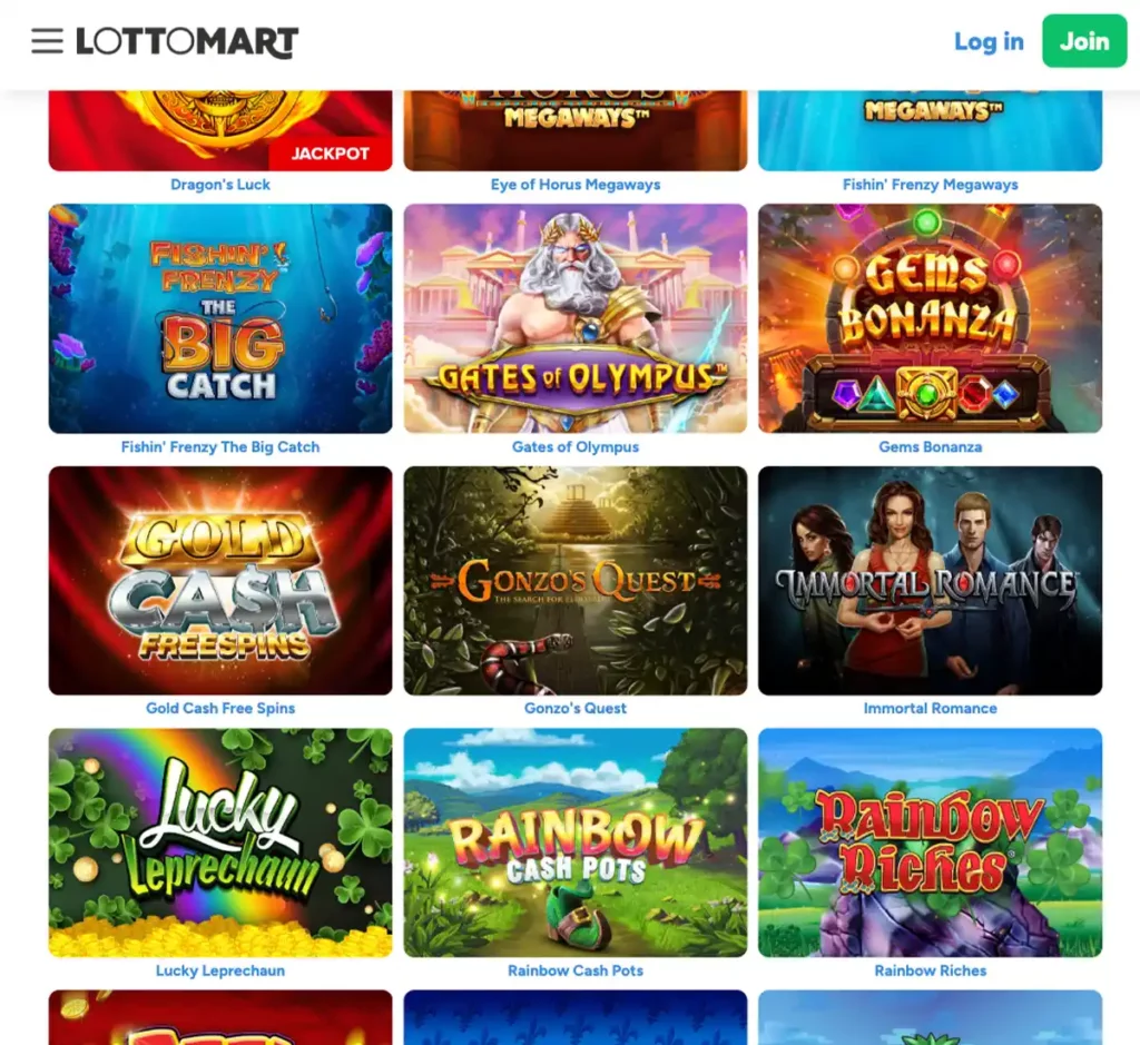 Lottomart Casino desktop slots variety - captured during our review