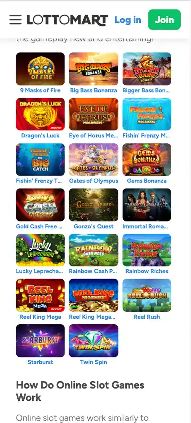 Lottomart Casino mobile slots variety - captured during our review