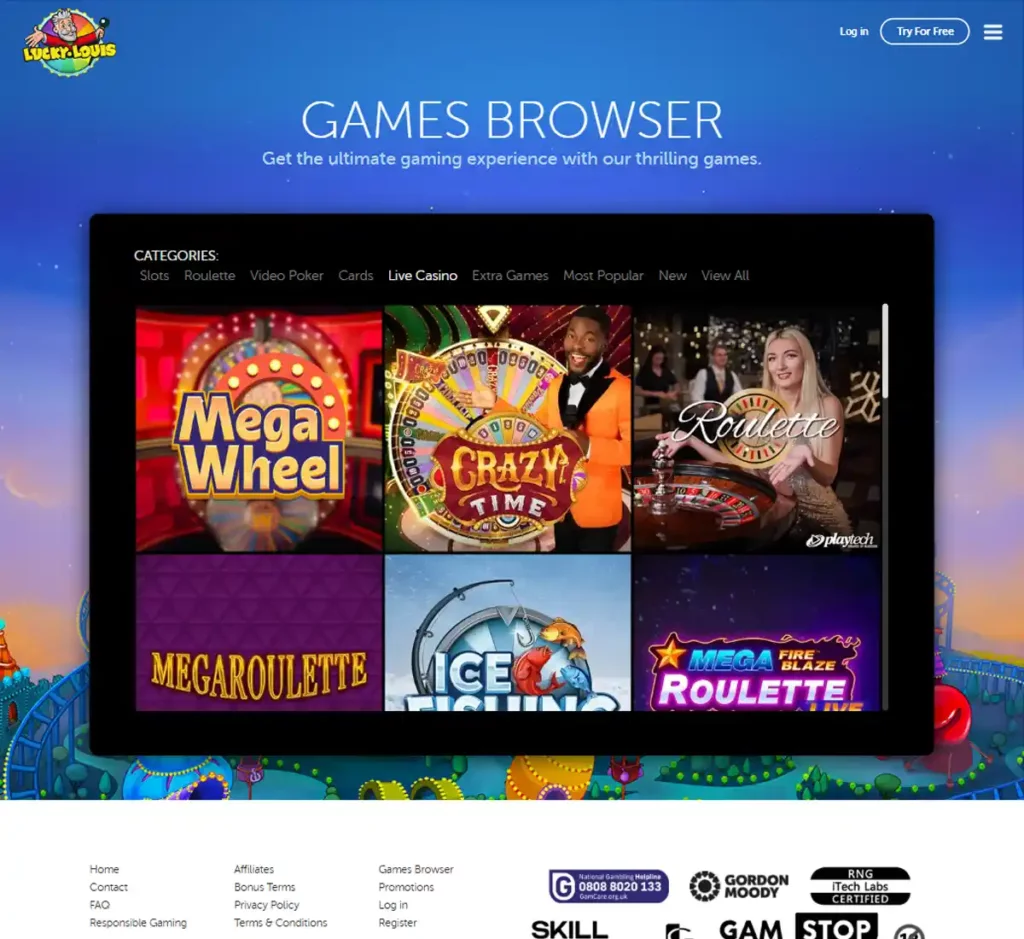 Lucky Louis Casino desktop live dealer games collection screenshot showing roulette, blackjack and baccarat tables in lobby view with categories and provider filters - tested