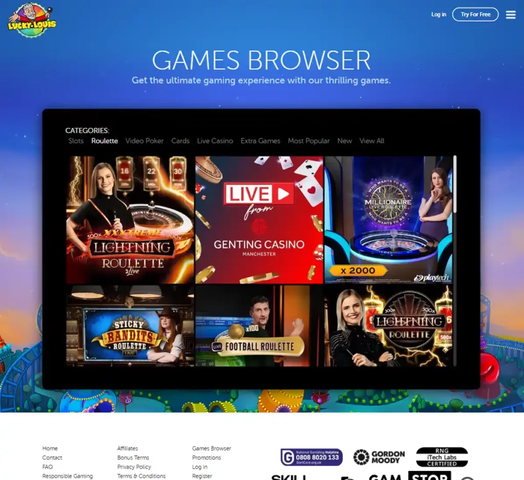 Lucky Louis Casino desktop live dealer roulette games screenshot showing roulette tables in lobby view with categories and provider filters - tested
