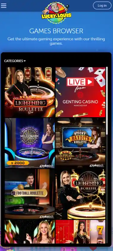 Lucky Louis Casino mobile live dealer roulette games screenshot displaying roulette tables, available live tables and categories with mobile-friendly interface/navigation - tested