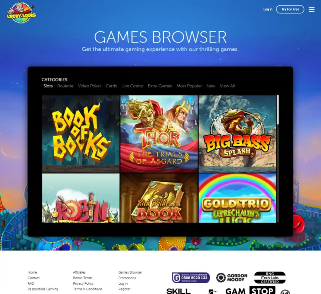 Lucky Louis Casino desktop slots screenshot showing multiple slot categories, featured games and provider filters - tested