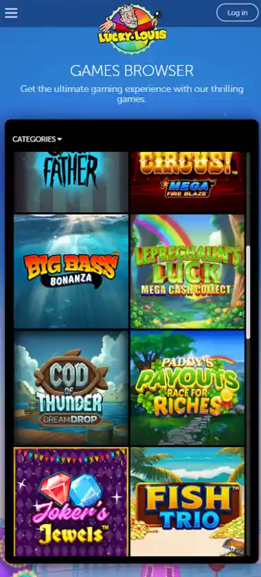 Lucky Louis Casino mobile slots variety screenshot displaying featured slots, categories and touch-optimized navigation - tested
